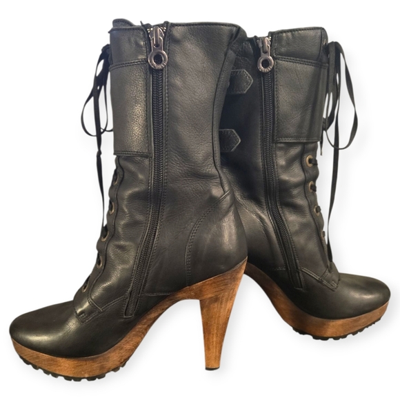 Lesilla  Black Leather Women's Boots With With Buckles, A Wooden High Heal Sole - Picture 2 of 10